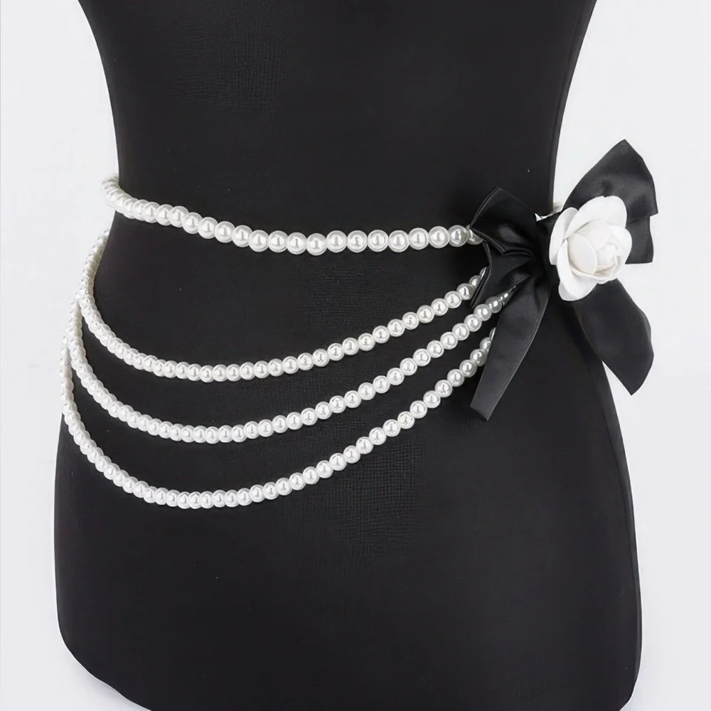 Layered Faux Pearl Flower Ribbon Belt